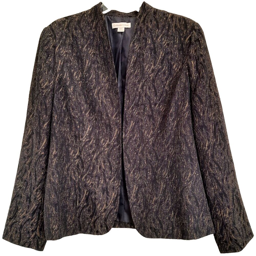 Coldwater Creek Jacquard Blazer Jacket Open Front Plum Blue Gold Size 14 / 16